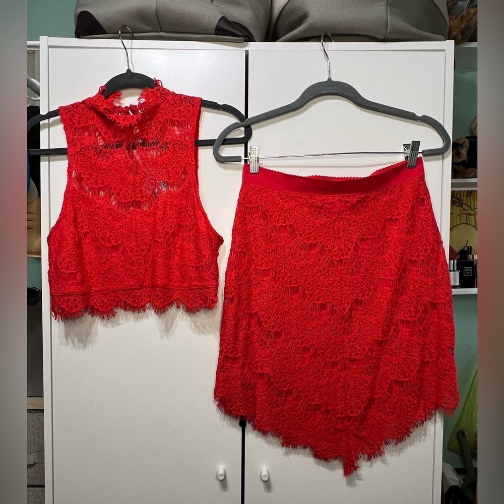 Red Two-piece Free People Lace crop top & skirt set